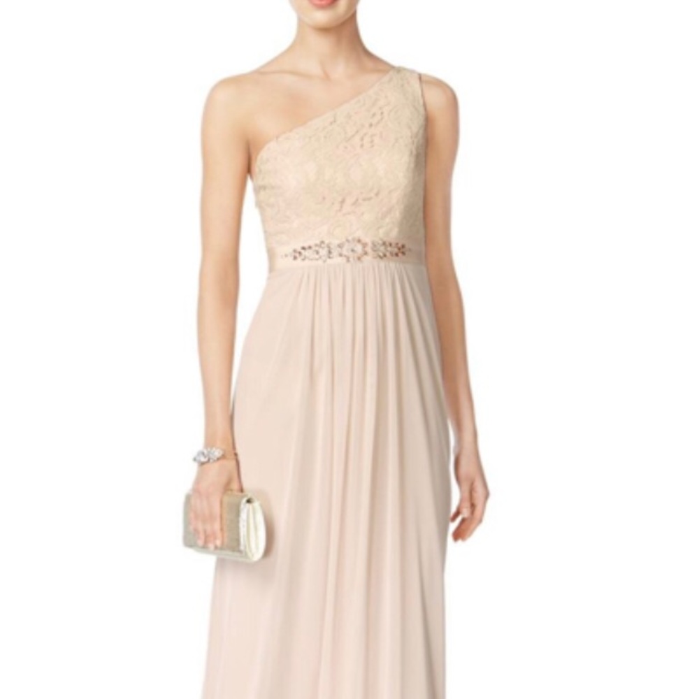 ADRIANNA PAPELL EMBELLISHED ONE SHOULDER LACE GOWN